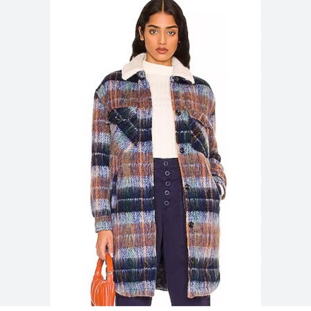 Blank NYC Plain Sailing Blue Multi Plaid Brushed long shacket